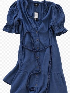 GAP Navy Button-Front Midi Dress with Braided Tie